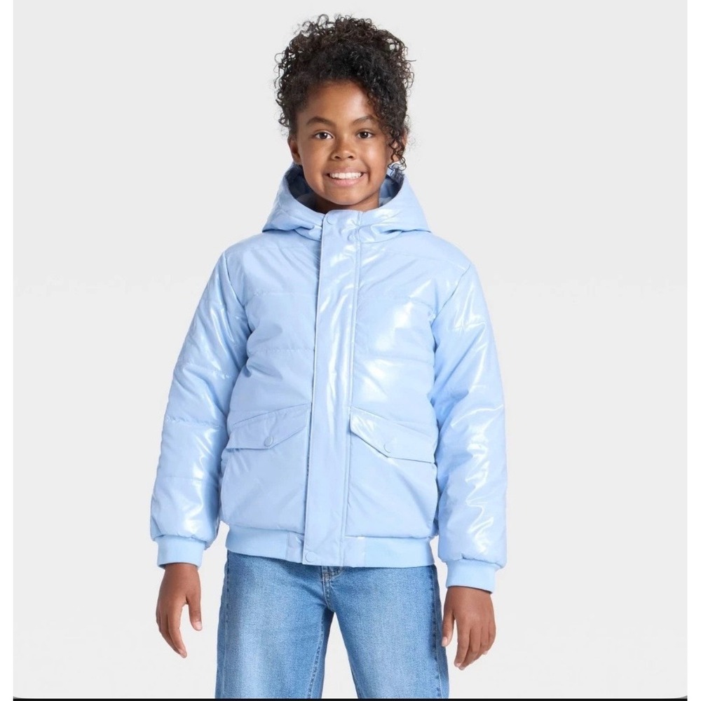 Cat & Jack Kids Blue Shiny Puffer Jacket Hooded Water Resistant Size M 8 NWT